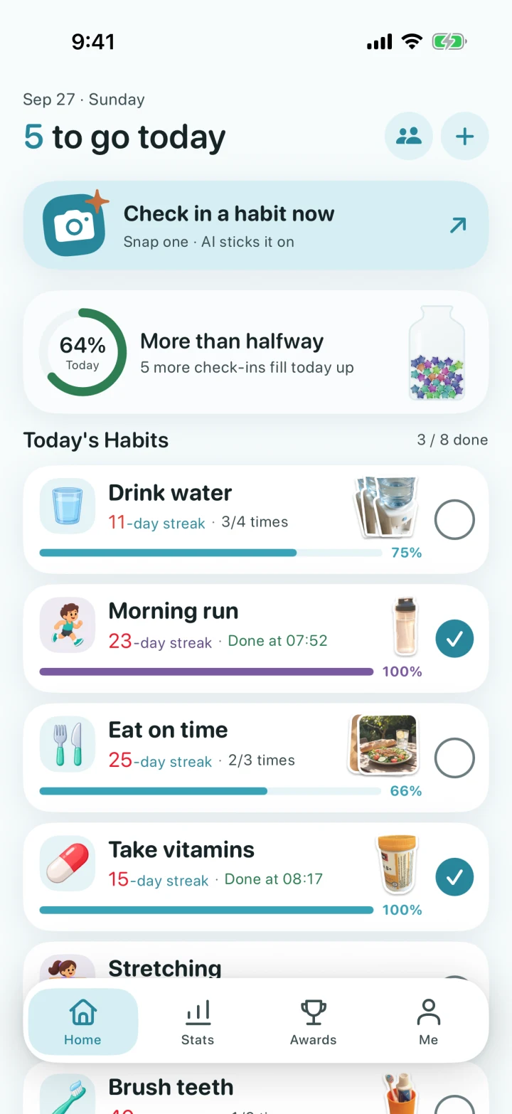 TakeYup habit home with photo check-ins and daily progress